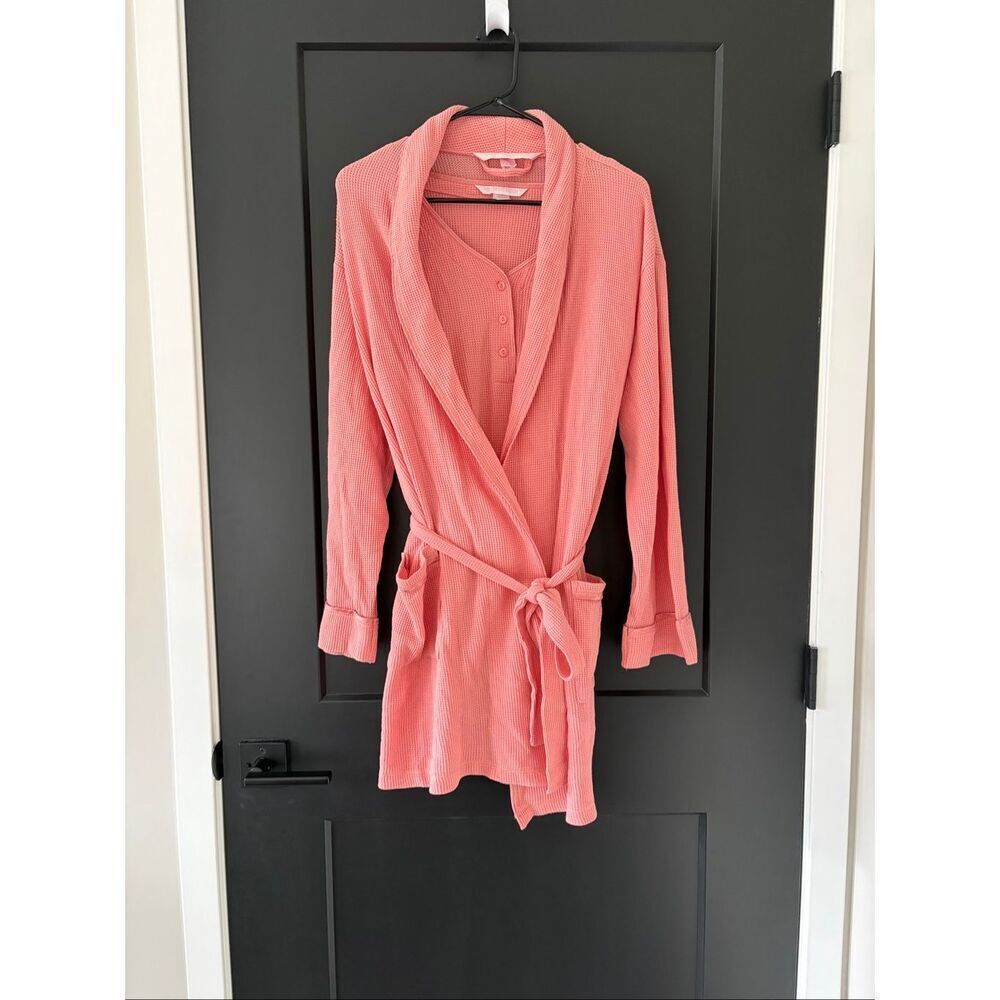 Victoria’s Secret Robe Nightgown 2 piece set pink waffle knit Size Large